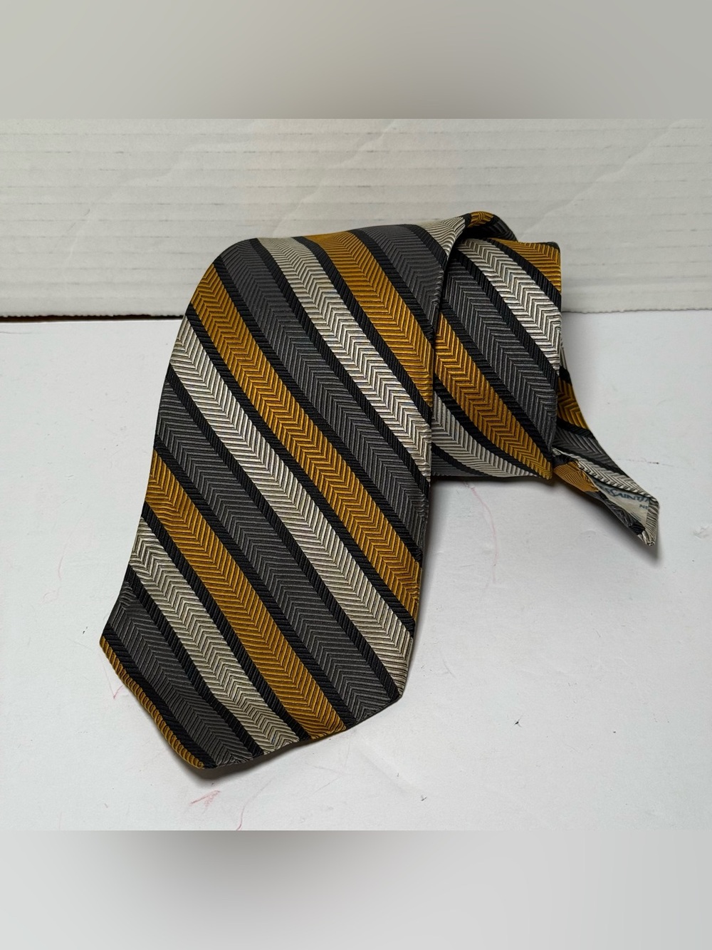 Vintage Yves Saint Laurent Silk Tie Gold Grey Black Herringbone Striped YSL 3.5"